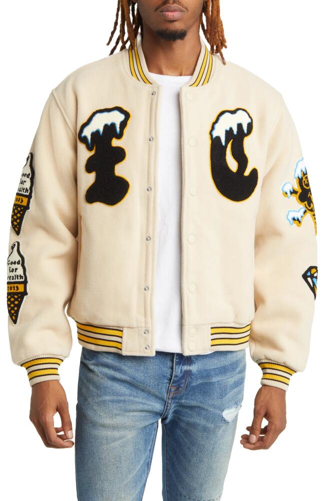 ICECREAM Flap Jack Wool Blend Letterman Jacket in Fog Cover