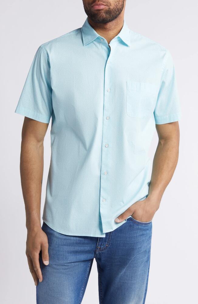 Peter Millar Piers Geo Pattern Short Sleeve Stretch Cotton Button-Up Shirt in Mint Blue Cover