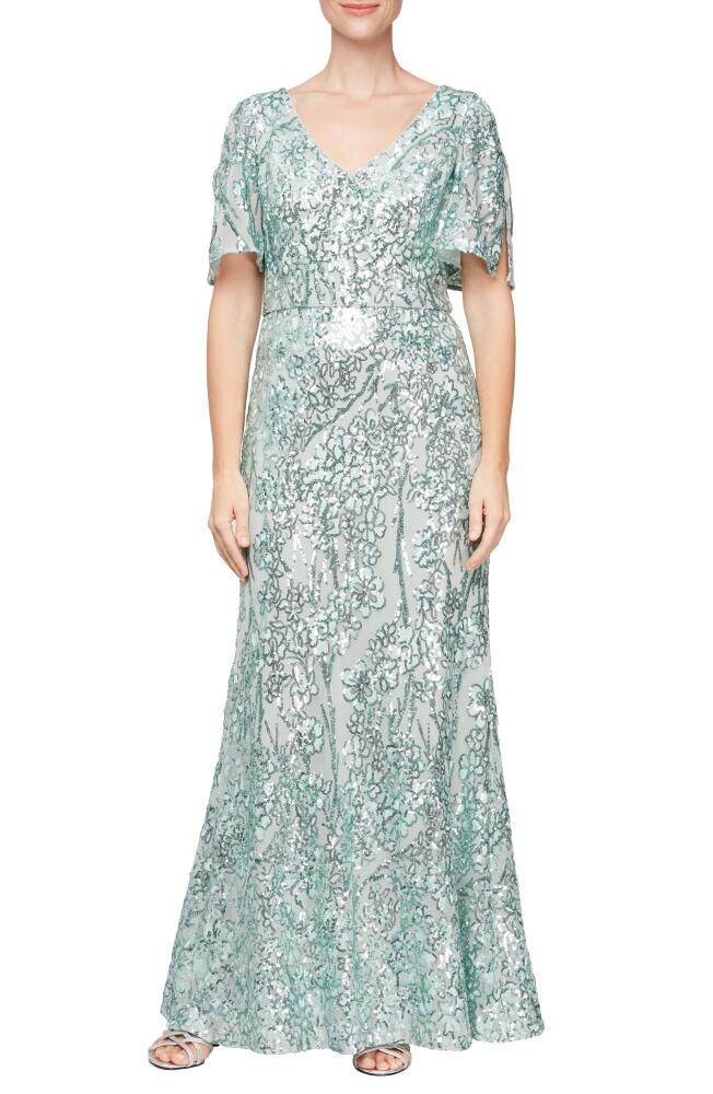 Alex Evenings Sequin Lace Cold Shoulder Trumpet Evening Gown in Ice Sage Cover