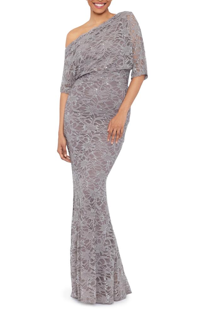 Betsy & Adam One-Shoulder Sequin Lace Gown in Taupe Cover