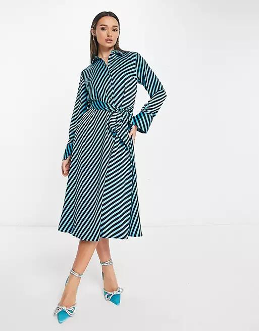 Y.A.S satin maxi shirt dress with tie belt in blue diagonal stripe Cover