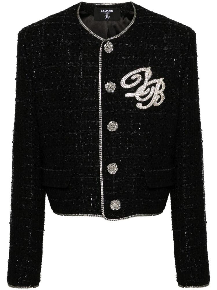 Balmain crystal-appliqué cropped tweed jacket - Black Cover