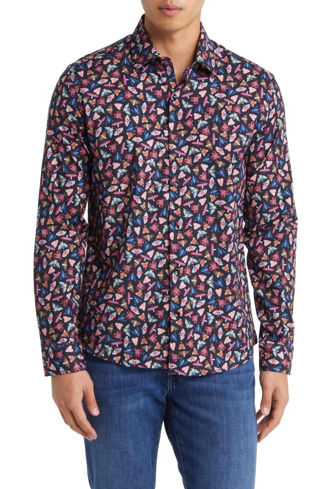 Stone Rose Moth Print Button-Up Shirt in Navy Cover