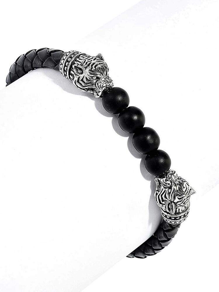 Eli Pebble Men's Sterling Silver, Onyx & Leather Lion's Head Beaded Bracelet Cover