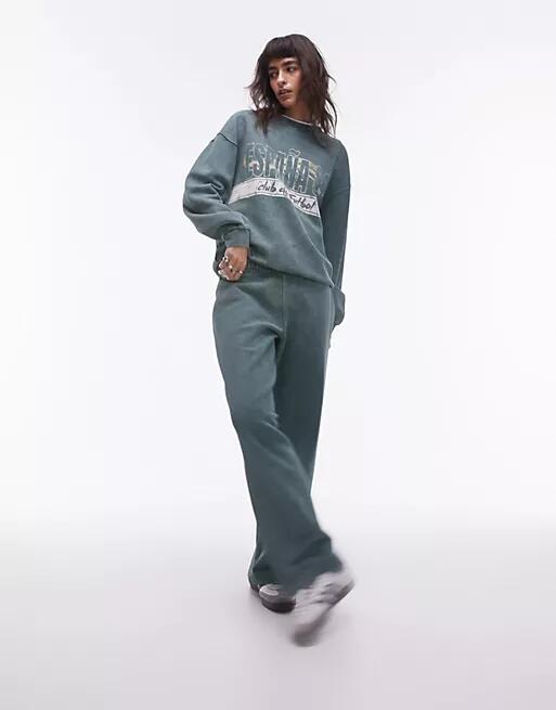 Topshop plain straight leg sweatpants in dark green - part of a set Cover