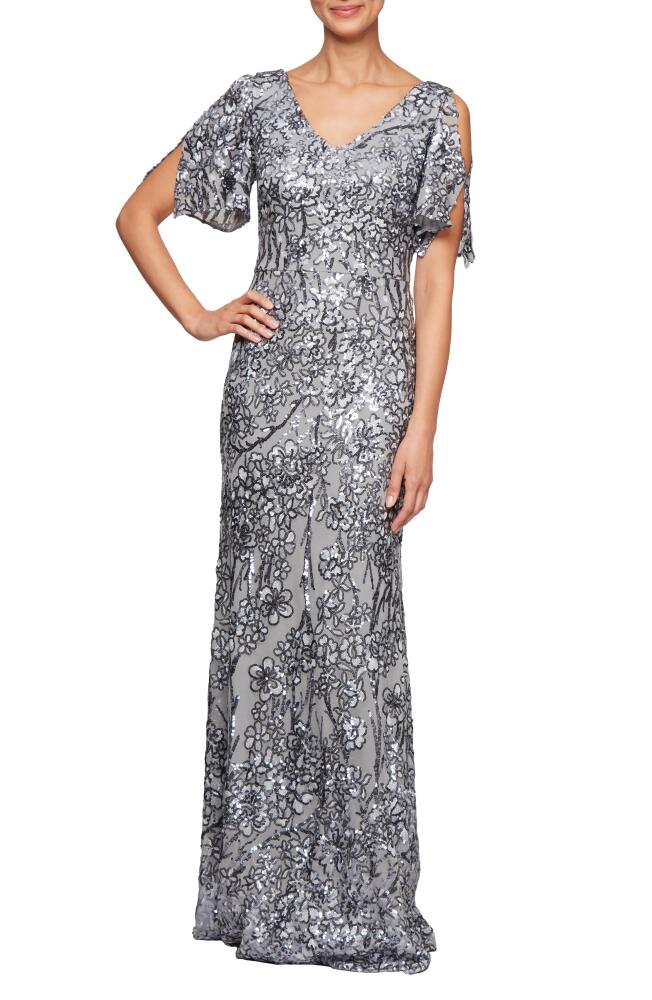 Alex Evenings Sequin Lace Cold Shoulder Trumpet Evening Gown in Silver Cover