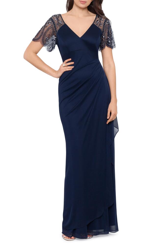 Xscape Evenings Xscape Beaded Sleeve Ruched Column Gown in Navy Cover