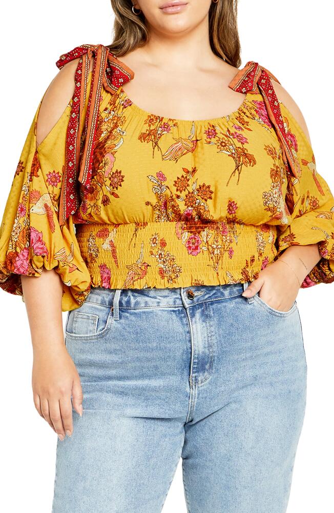 City Chic Venice Floral Print Smocked Waist Crop Top in Sunflower Cover