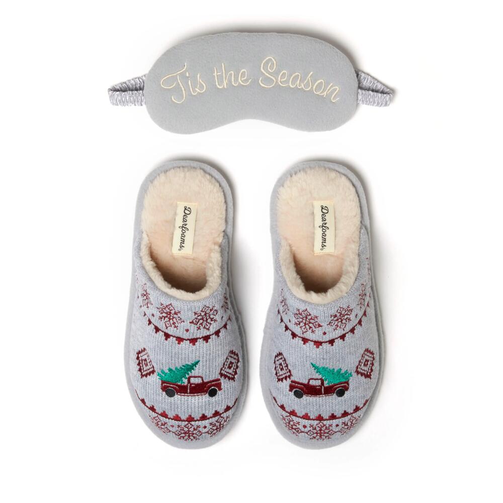 DEARFOAMS Novelty Christmas Knit Scuff Slipper and Eyemask Gift Set in Light Heather Grey Cover