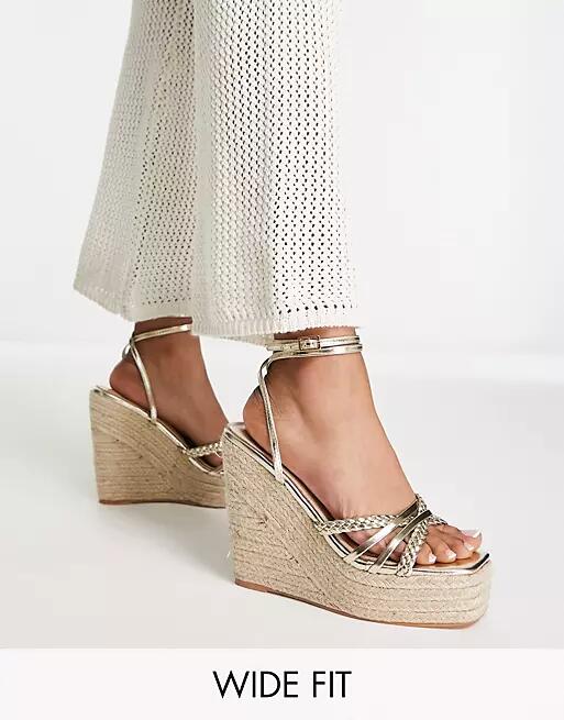 Simmi London Wide Fit Fabiana espadrille wedge sandals in gold Cover