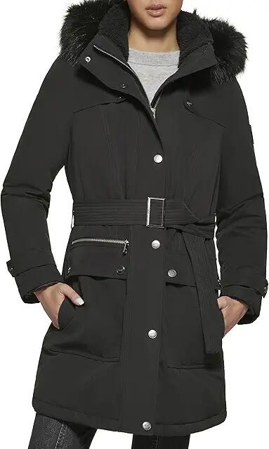 DKNY Faux Fur Hood Belted Anorak (Black) Women's Jacket Cover