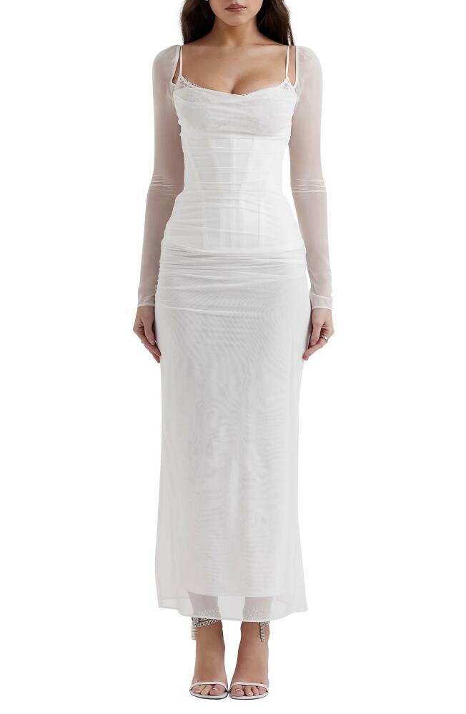 HOUSE OF CB Katrina Lace Mesh Long Sleeve Gown in White Cover