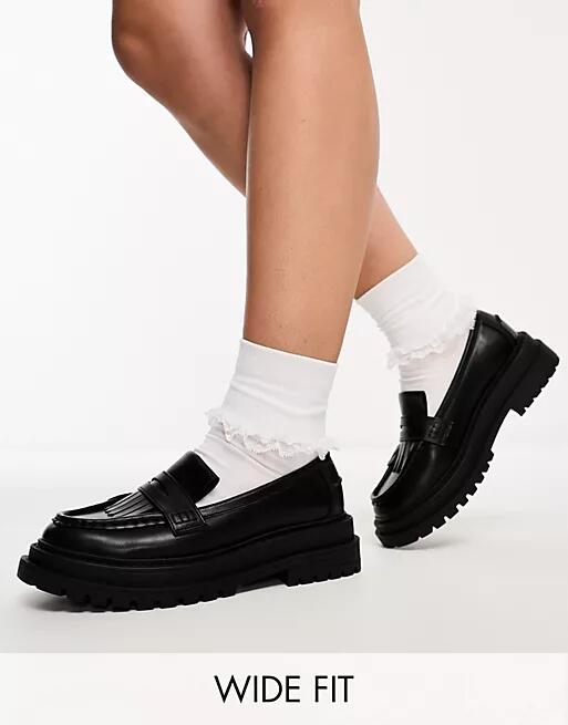 ASOS DESIGN Wide Fit Majesty chunky fringed loafers in black Cover