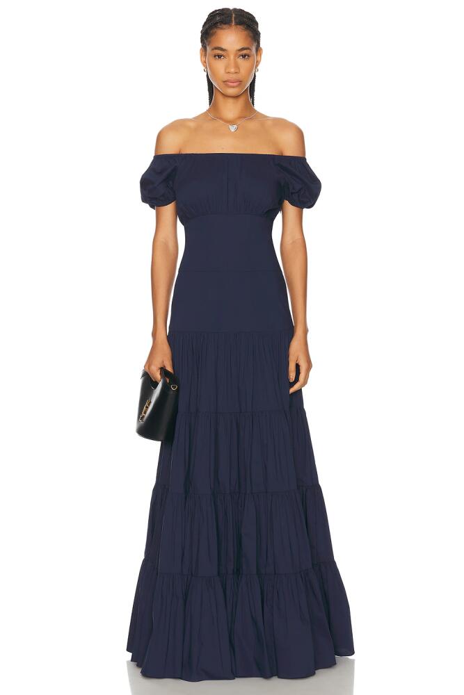 CAROLINE CONSTAS Larissa Off Shoulder Tiered Empire Maxi Dress in Navy Cover