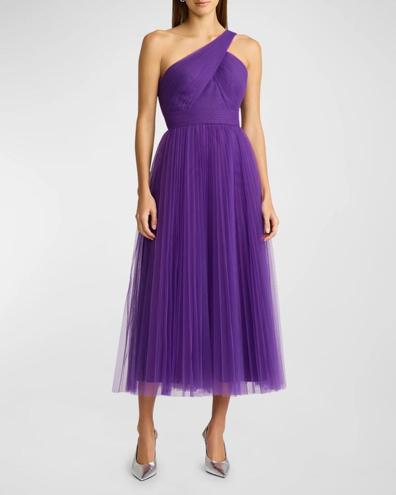 Zac Posen One-Shoulder Pleated Tulle Midi Dress Cover