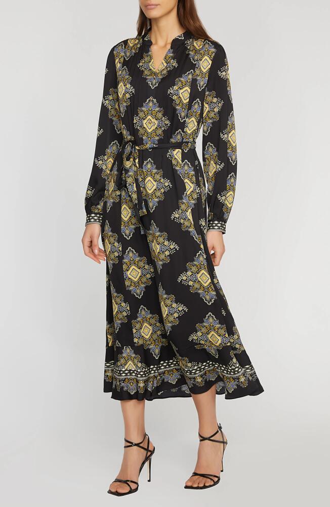 Elie Tahari Mila Pleated Long Sleeve stretch Silk Maxi Dress in Marseille Print Placed Cover