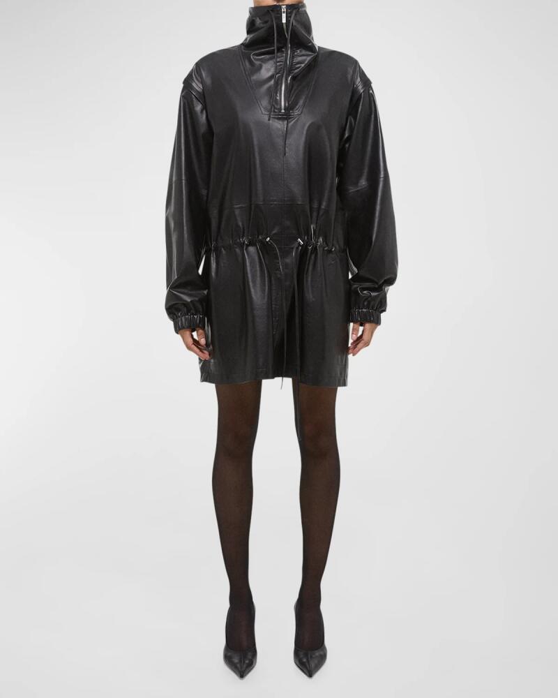 Helmut Lang Leather Drawstring Coat with Removable Sleeves Cover