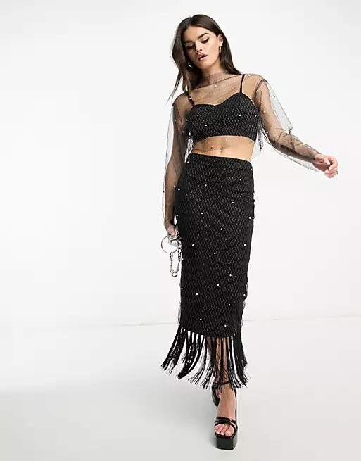 Extro & Vert Premium maxi skirt with pearl embellished layer & fringe in black - part of a set Cover