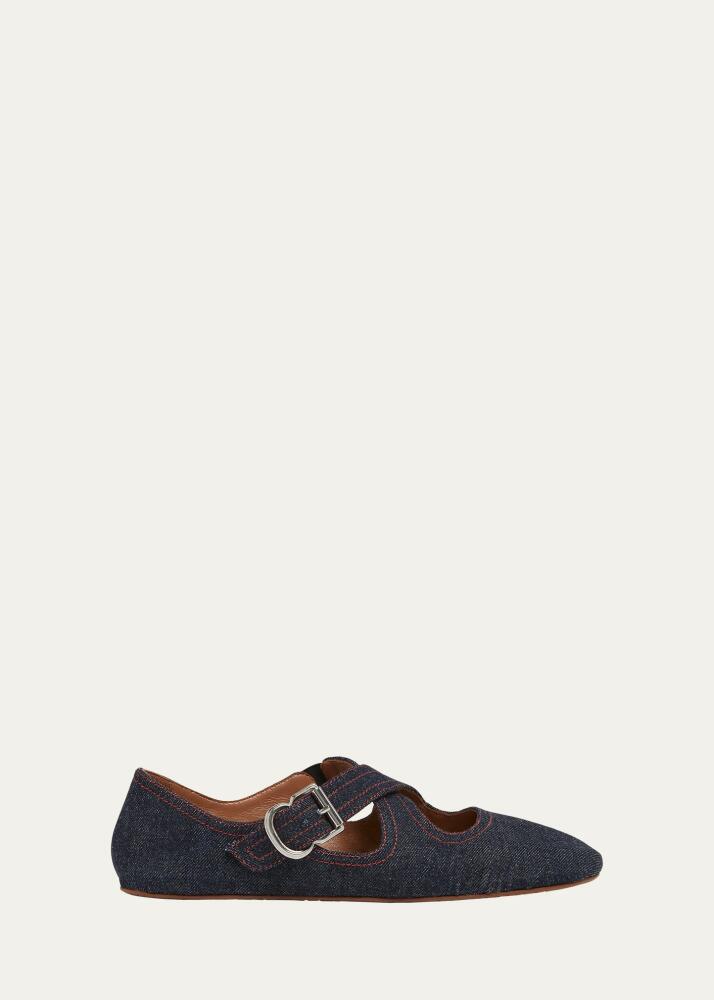 ALAIA Denim Crisscross Buckle Ballerina Flats Cover