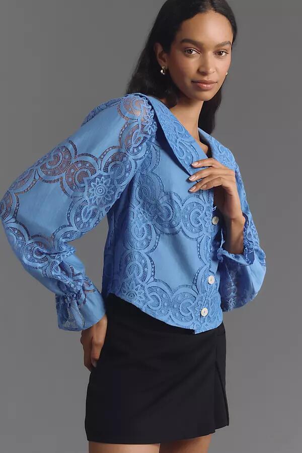 Maeve Long-Sleeve Collared Flower-Button Lace Blouse Cover