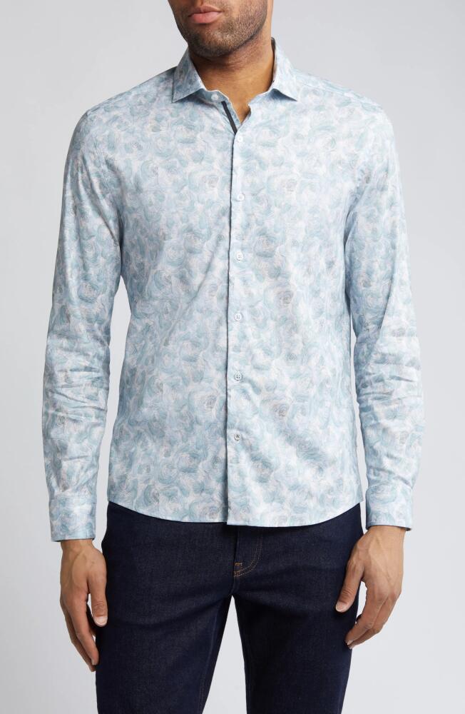 Stone Rose Floral Stretch Button-Up Shirt in Aqua Cover