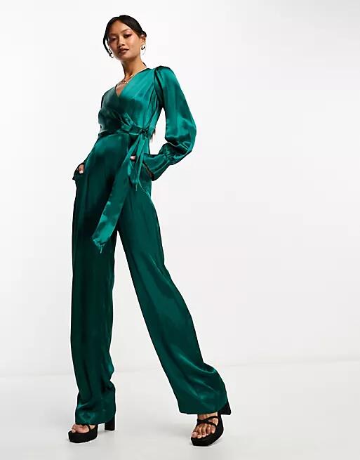 Closet London satin wrap wide leg jumpsuit in emerald-Green Cover