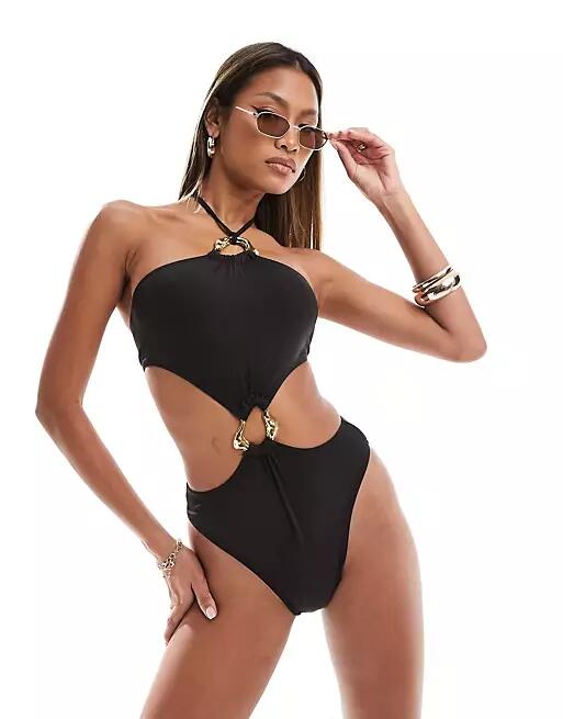 Simmi strappy halterneck cut out swimsuit with gold hardware detail in black Cover