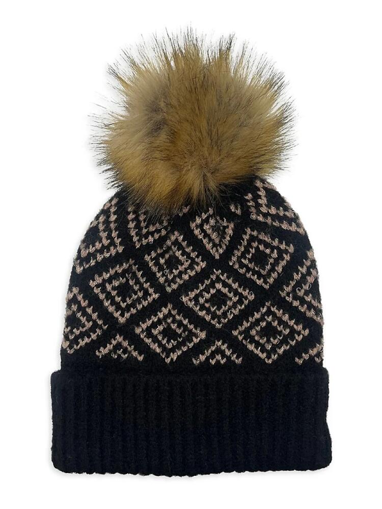 MARCUS ADLER Women's Faux Fur Trim Geometric Print Pom Pom Beanie - Black Cover