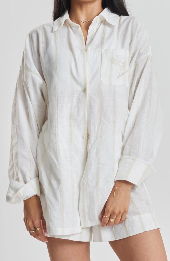 PEACHAUS Yew Striped Ethical-Cotton Pajama Shirt in Summer Sand Beige Cover