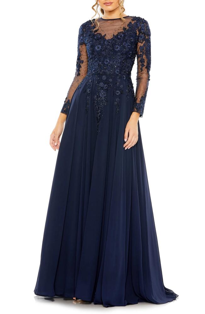 Mac Duggal Embellished Lace Long Sleeve Mesh Ballgown in Midnight Cover