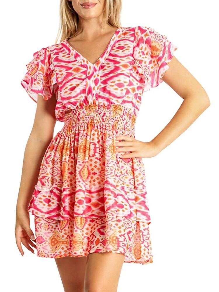 La Moda Clothing Women's Ikat Print Smocked Mini A-Line Dress - Pink Multi Cover