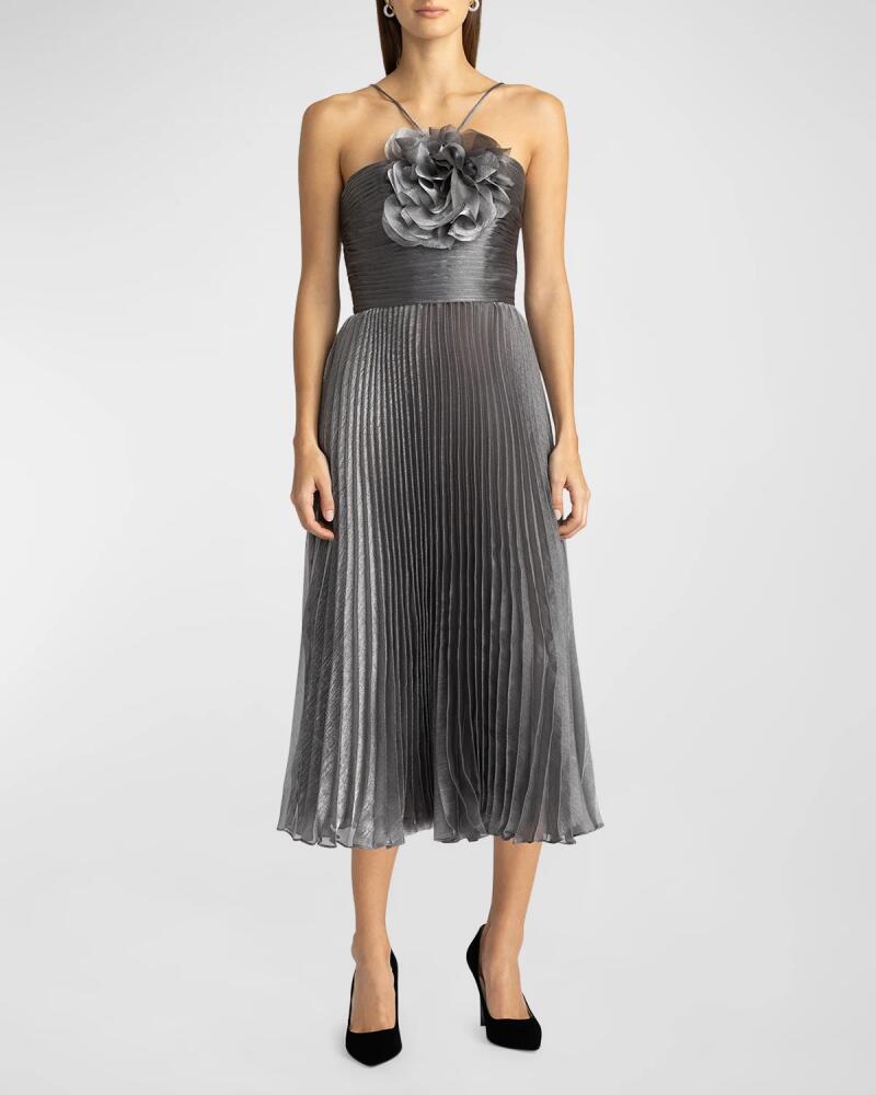 Zac Posen Pleated Metallic Halter Midi Dress Cover