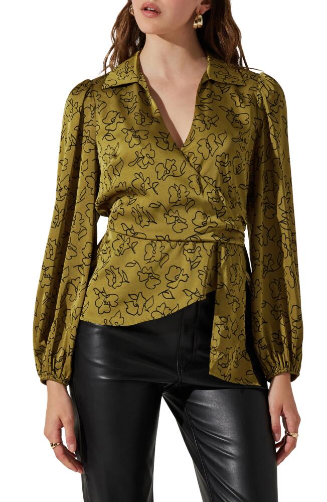 ASTR the Label Side Drape Wrap Top in Olive Floral Sketch Cover