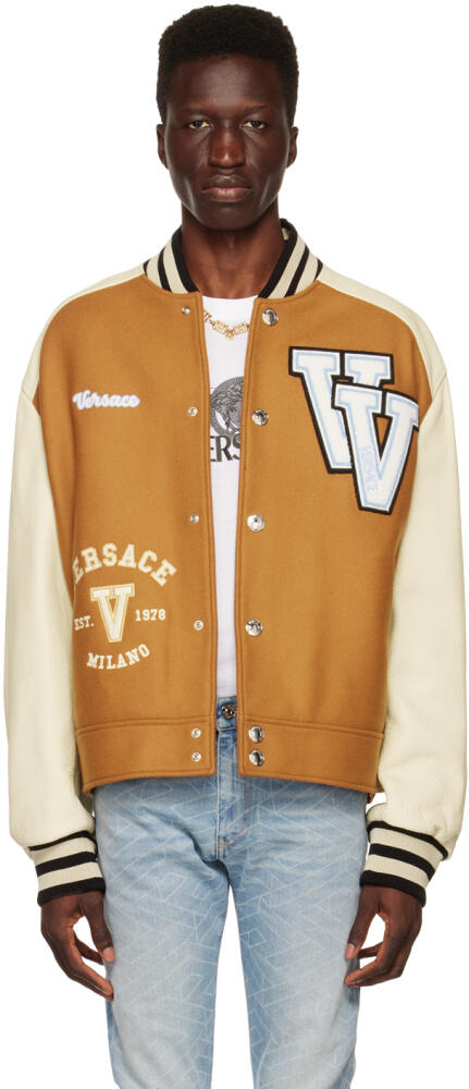 Versace Tan & Off-White Varsity Down Bomber Jacket Cover