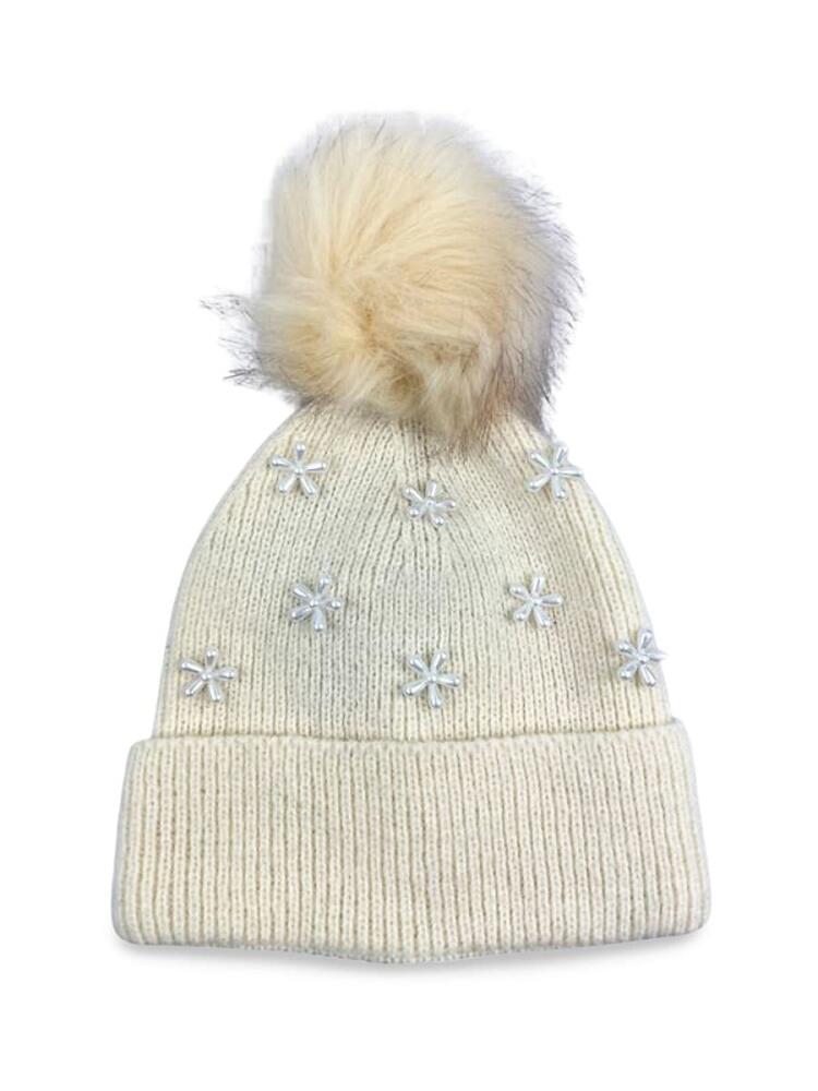 MARCUS ADLER Women's Pearl Flower Faux Fur Trim Pom Pom Beanie - Ivory Cover