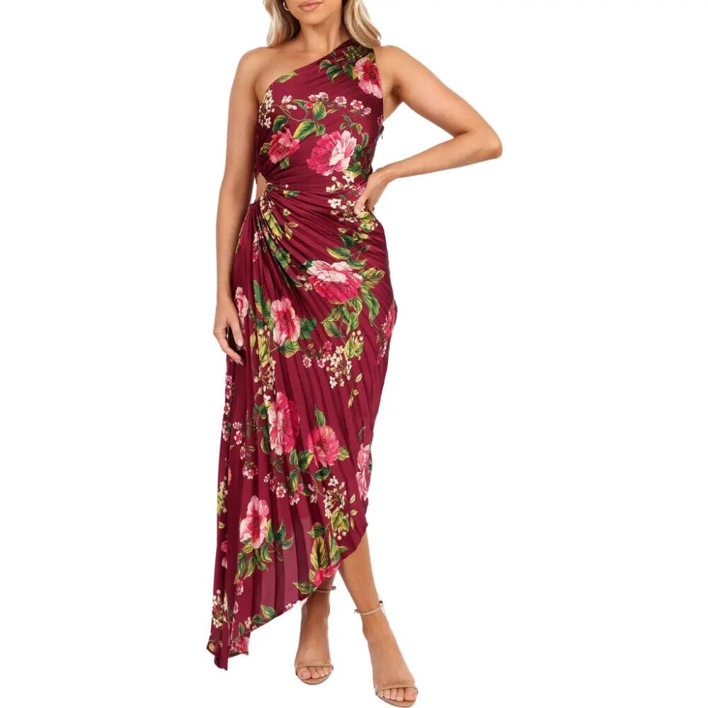 Petal & Pup Kleo Floral Pleated One-Shoulder Satin Cocktail Dress in Burgundy Floral Cover