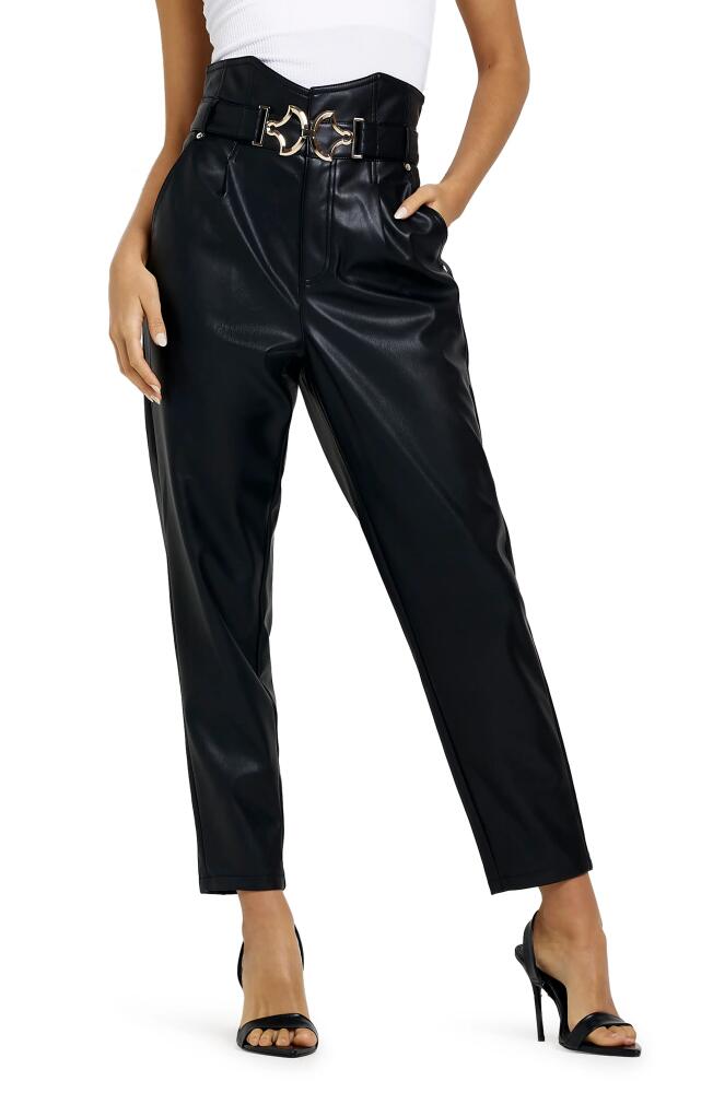 River Island '80s Belted Faux Leather Tapered Leg Trousers in Black Cover