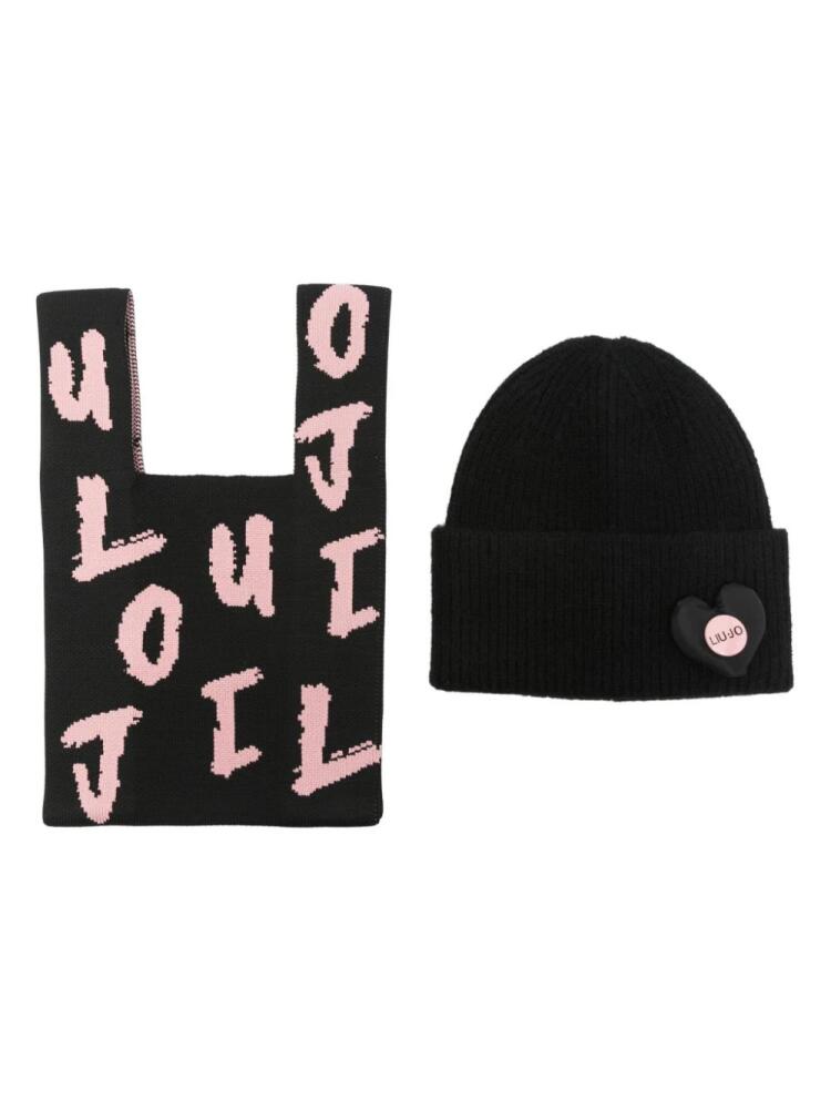 LIU JO logo-brooch beanie set - Black Cover