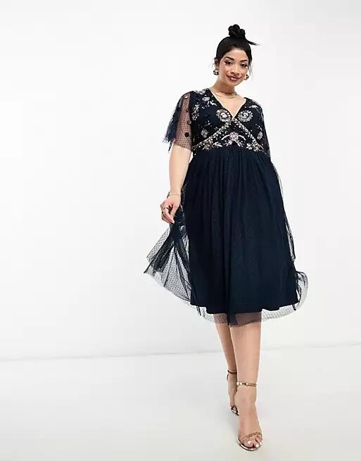 Maya Plus embellished midi dress with tulle skirt in navy-Blue Cover