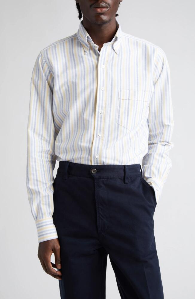 Drake's Thin Dual Stripe Cotton Oxford Button-Down Shirt in Blue/Yellow/Lt Blue Cover