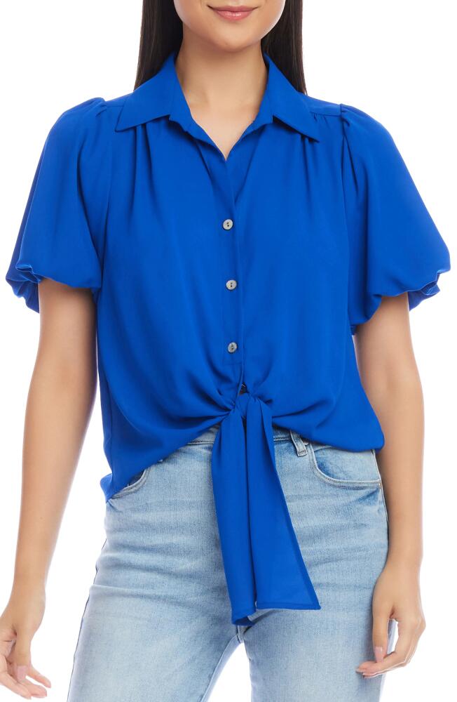 Karen Kane Tie Front Puff Sleeve Button-Up Shirt in Blue Cover