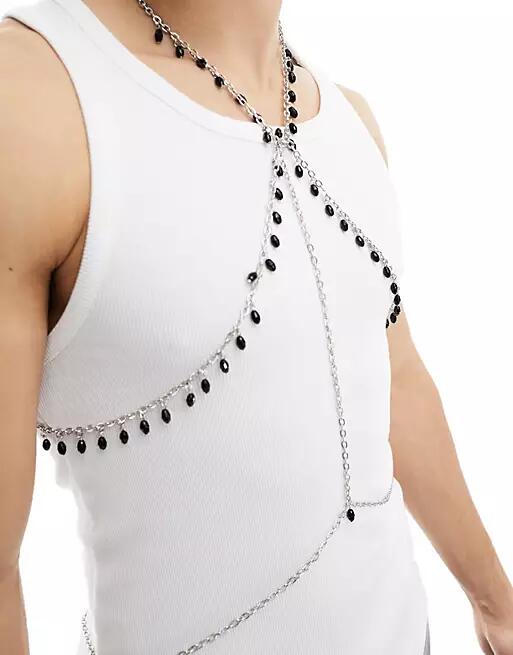 ASOS DESIGN chain body harness with black beads in silver tone Cover