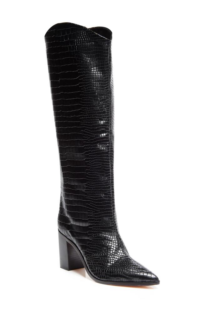 Schutz Maryana Pointed Toe Block Heel Knee High Boot in Black/Black Snake Embossed Cover