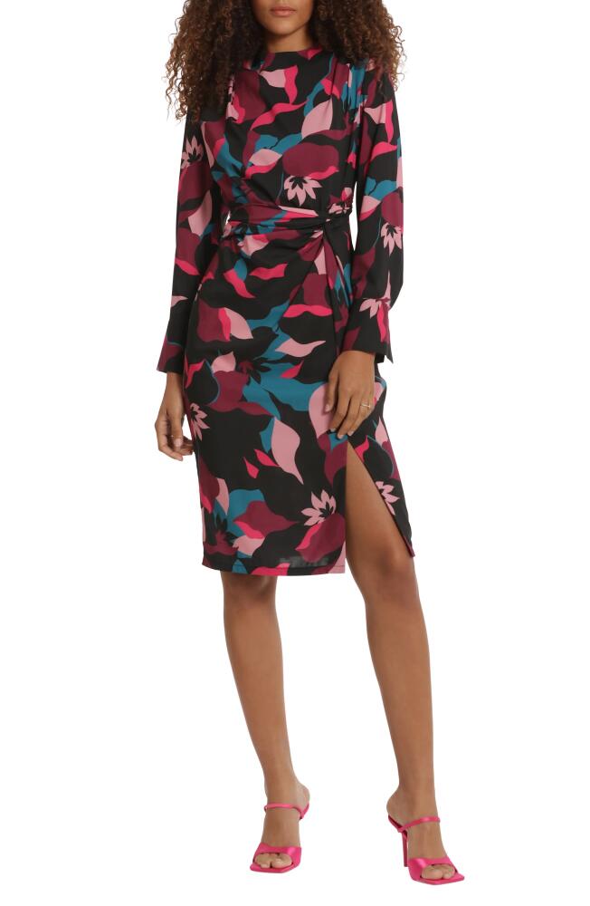 DONNA MORGAN FOR MAGGY Print Twisted Long Sleeve Dress in Black/Wine Cover