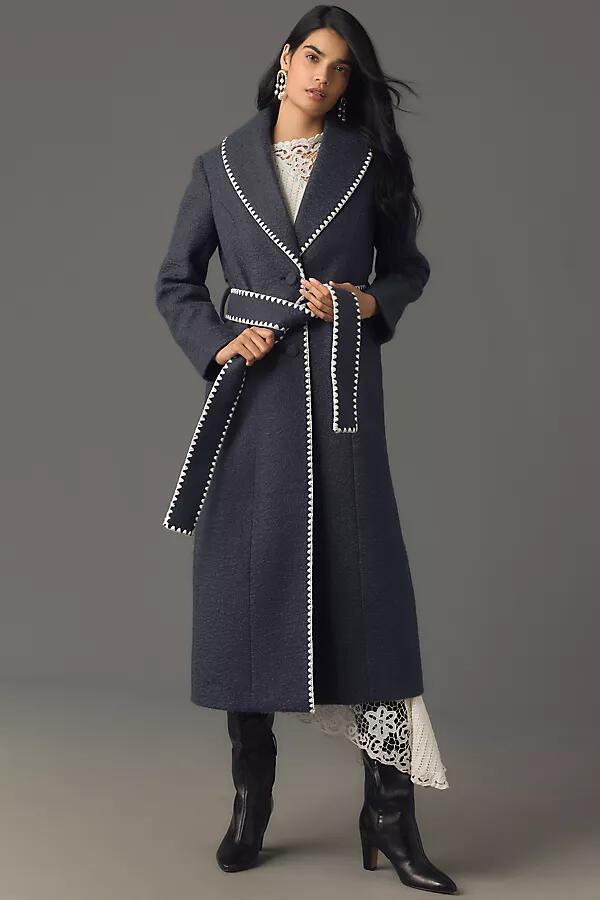 Avec Les Filles Blanket-Stitch Belted Shawl-Collar Coat Jacket Cover