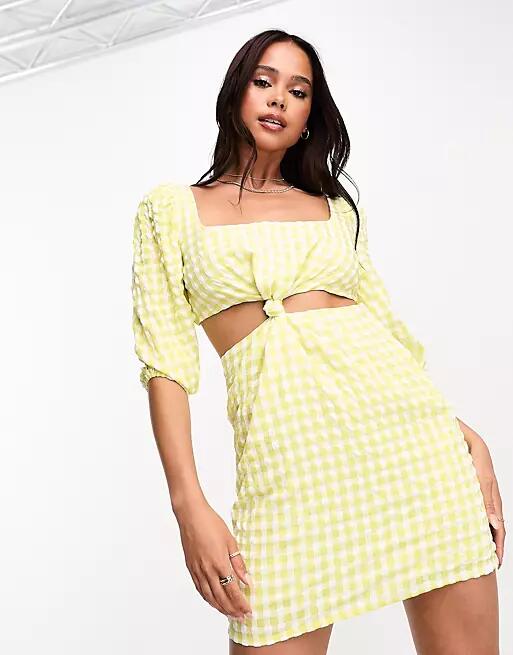 The Frolic gingham twist puff sleeve mini dress in lemon-Yellow Cover