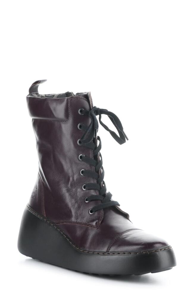 Fly London Daff Wedge Combat Boot in Dark Purple Sofia Cover