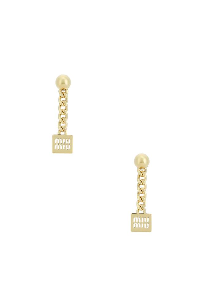 Miu Miu Logo Drop Earrings in Metallic Gold Cover