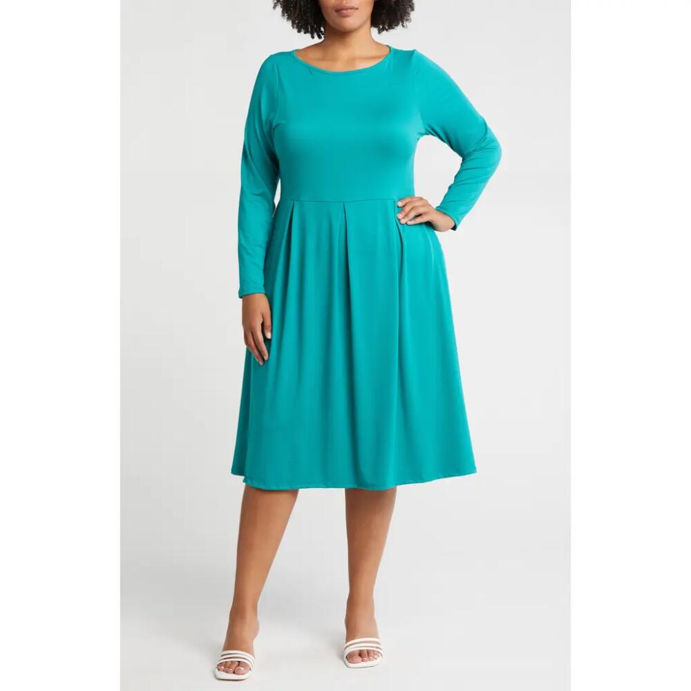 24seven Comfort Apparel Fit & Flare Long Sleeve Jersey Midi Dress in Jade Cover