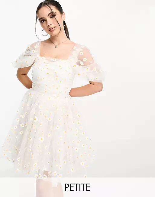 Lace & Beads Petite Exclusive ruched tulle mini dress in white daisy-Pink Cover